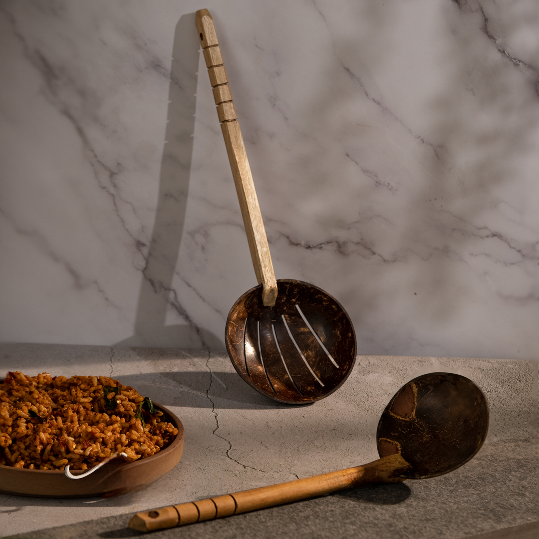 Thenga Coconut Shell Spoon Sets | Frying Spoon & Non Stick Wooden Ladles (Set of 2)