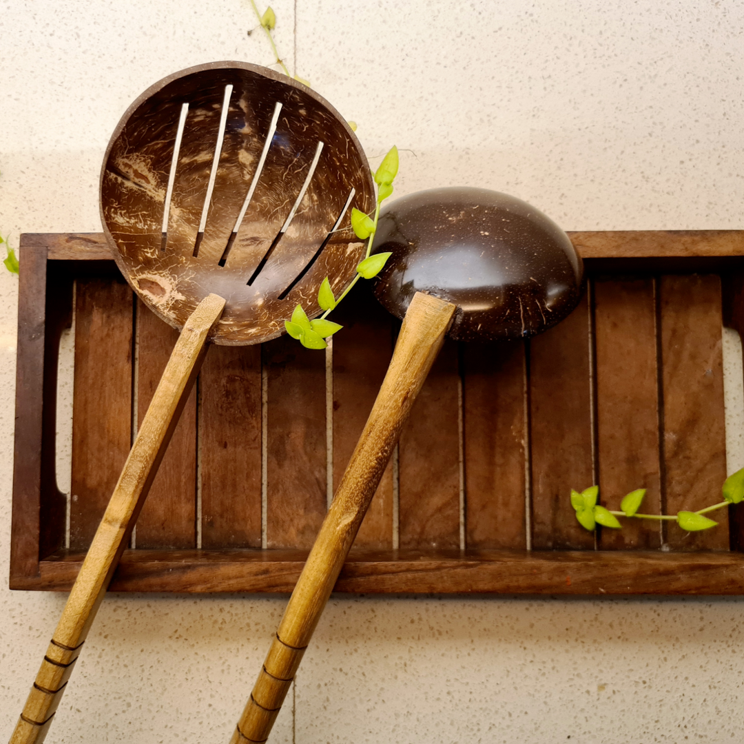 Thenga Coconut Shell Spoon Sets | Frying Spoon & Non Stick Wooden Ladles (Set of 2)