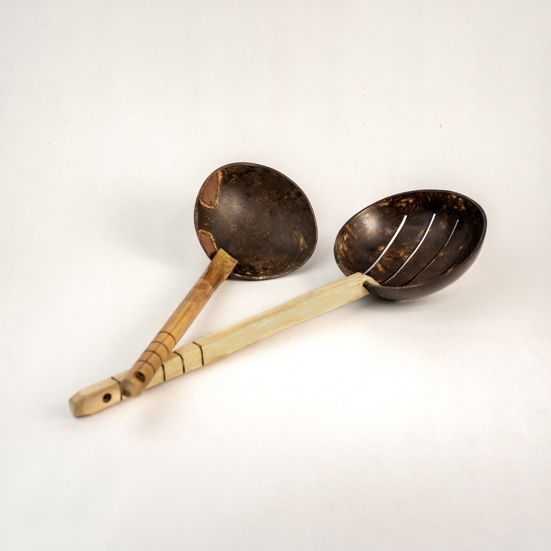 Thenga Coconut Shell Spoon Sets | Frying Spoon & Non Stick Wooden Ladles (Set of 2)